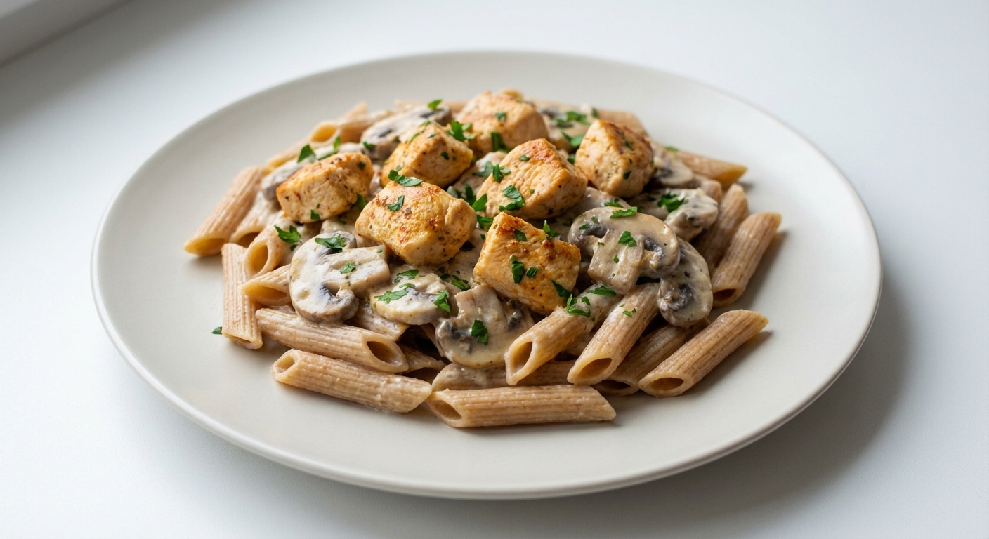 Kurczak w sosie pieczarkowo-jogurtowym z penne