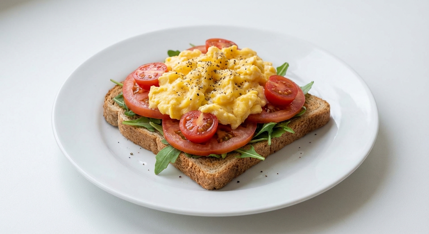 Razowy tost z jajecznicą i rukolą