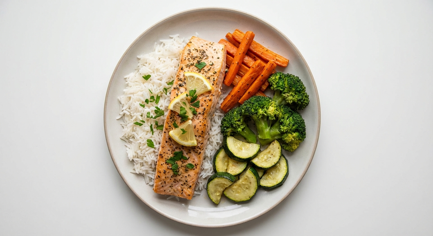 Pieczony Łosoś z Warzywami i Ryżem