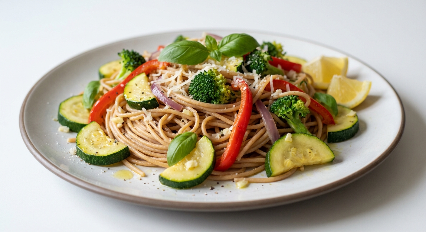 Razowe Spaghetti z Warzywami i Bazylią