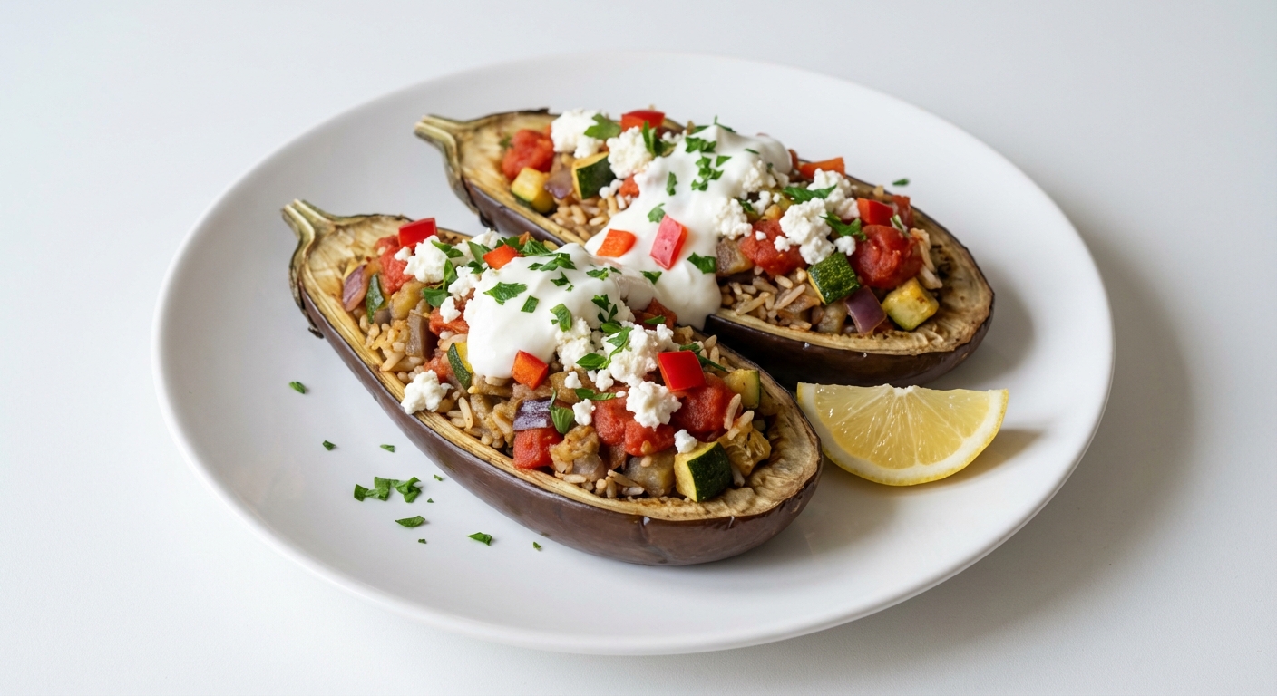 Pieczony Bakłażan z Ryżem i Twarogiem