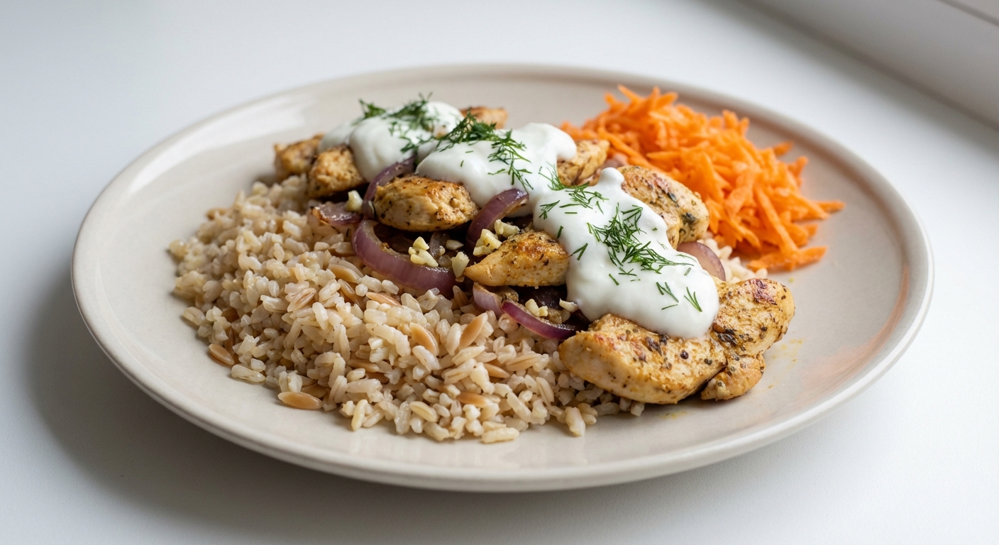 Brązowy ryż z kurczakiem i sosem