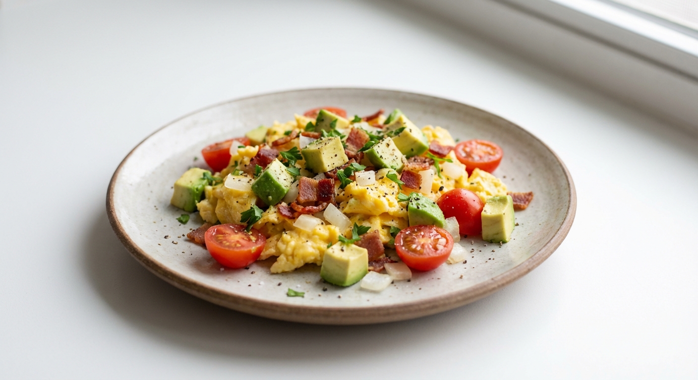 Jajecznica z awokado, boczkiem i pomidorami