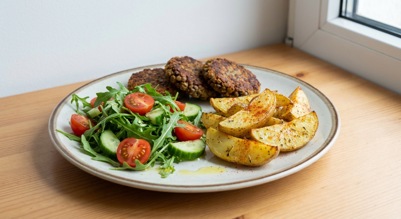 Kotlety z Soczewicy, Ziemniaki, Rukola