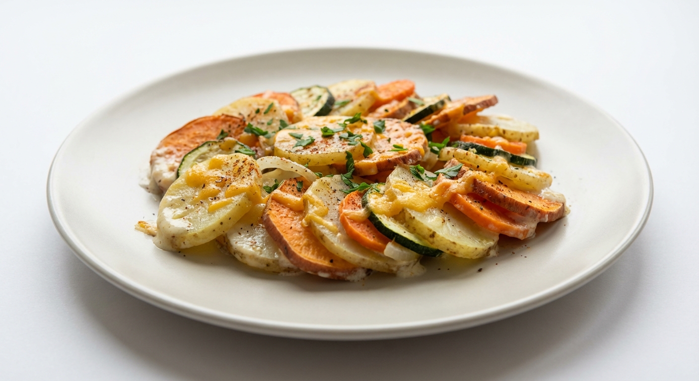 Zapiekanka z batatów, ziemniaków i cheddara