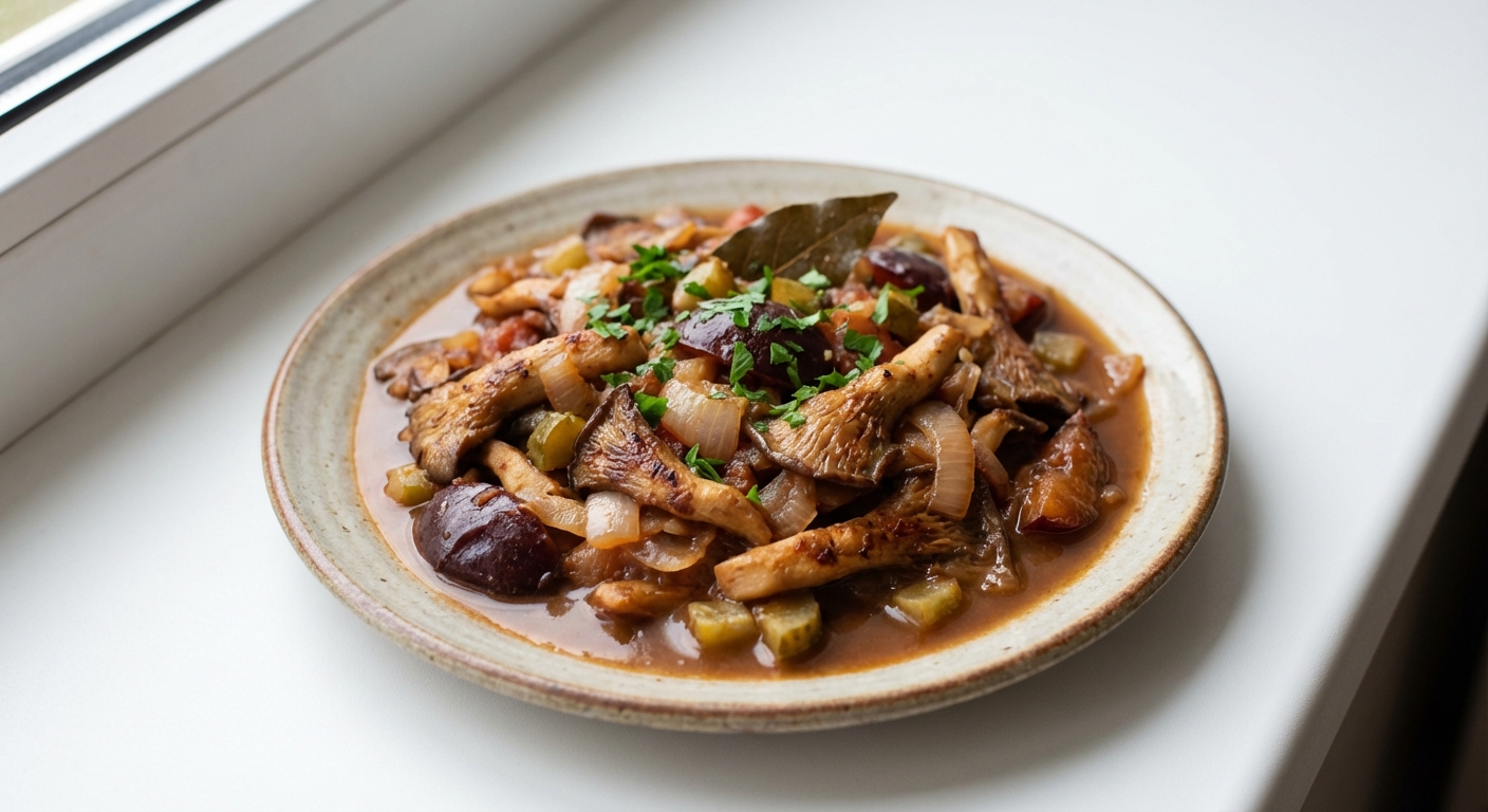 Boczniaki Duszone ze Śliwką i Ogórkiem