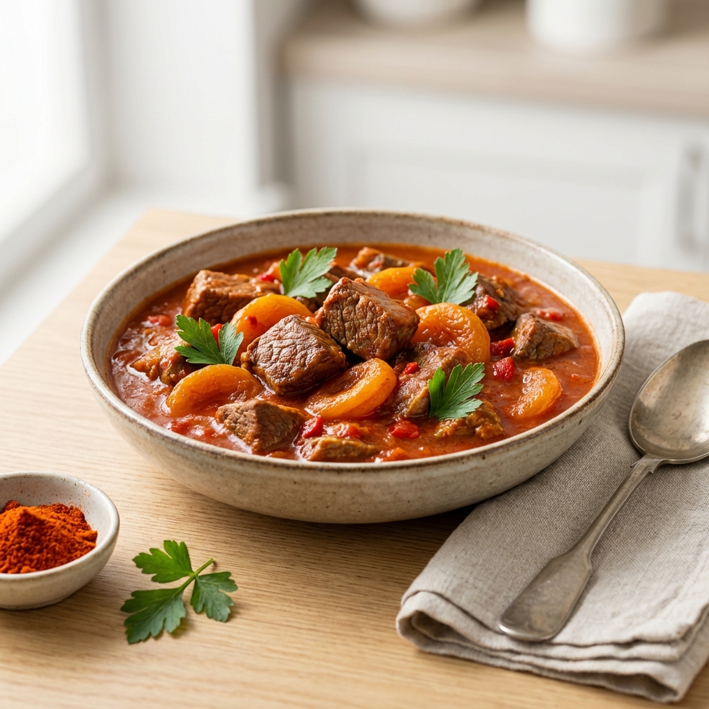 Wołowina duszona z morelami i papryką