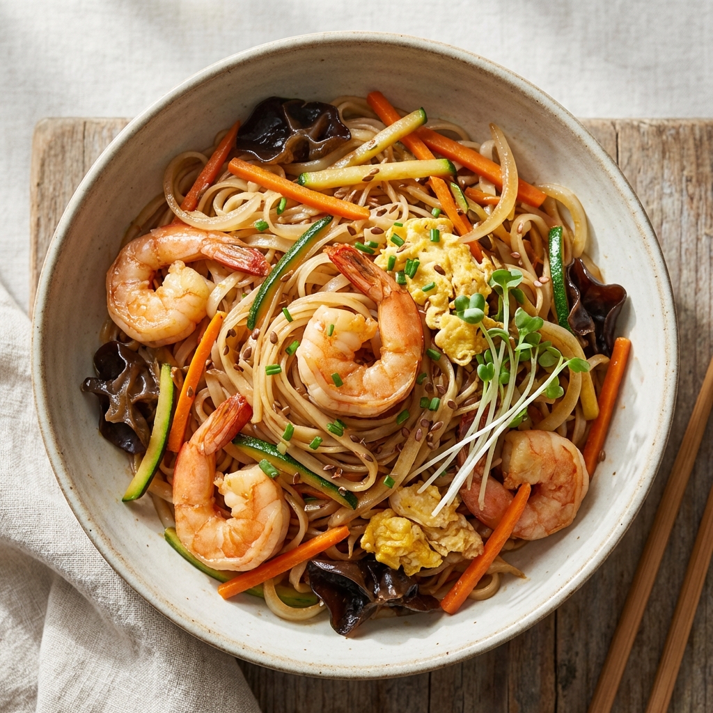 Makaron Ryżowy z Krewetkami i Warzywami