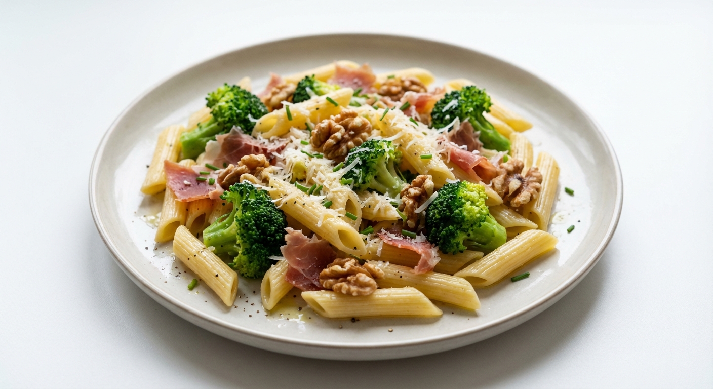 Penne z brokułem, szynką i orzechami
