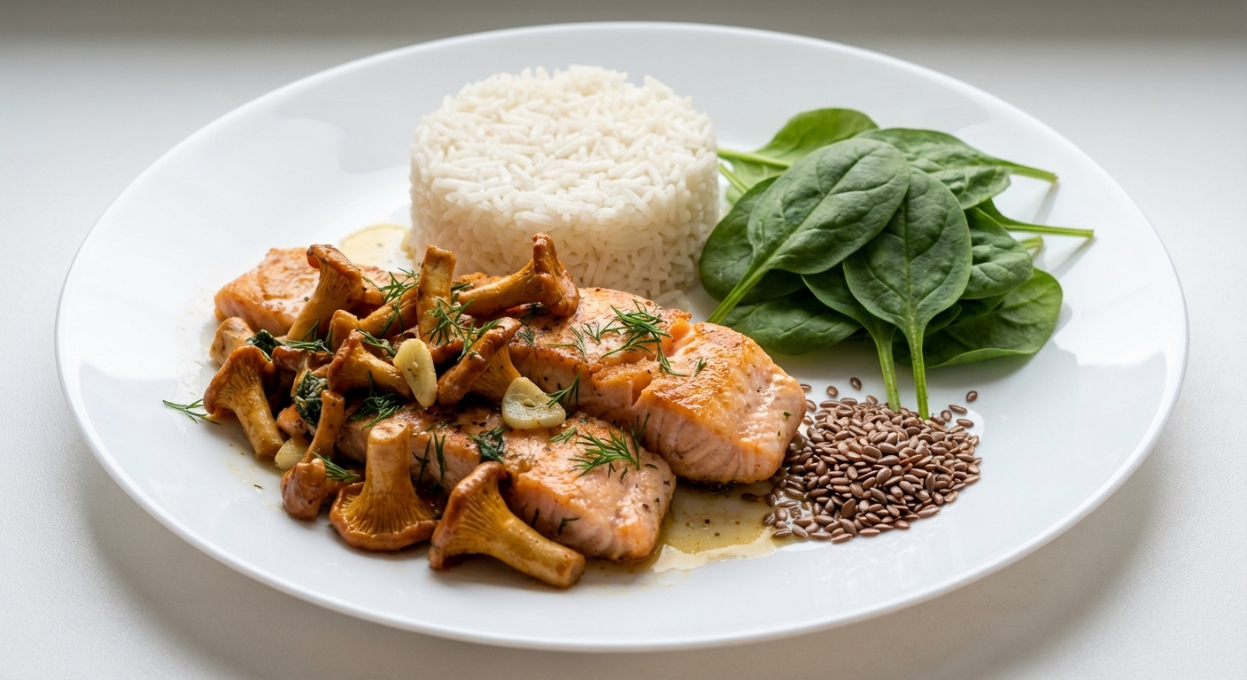 Łosoś z kurkami i szpinakiem