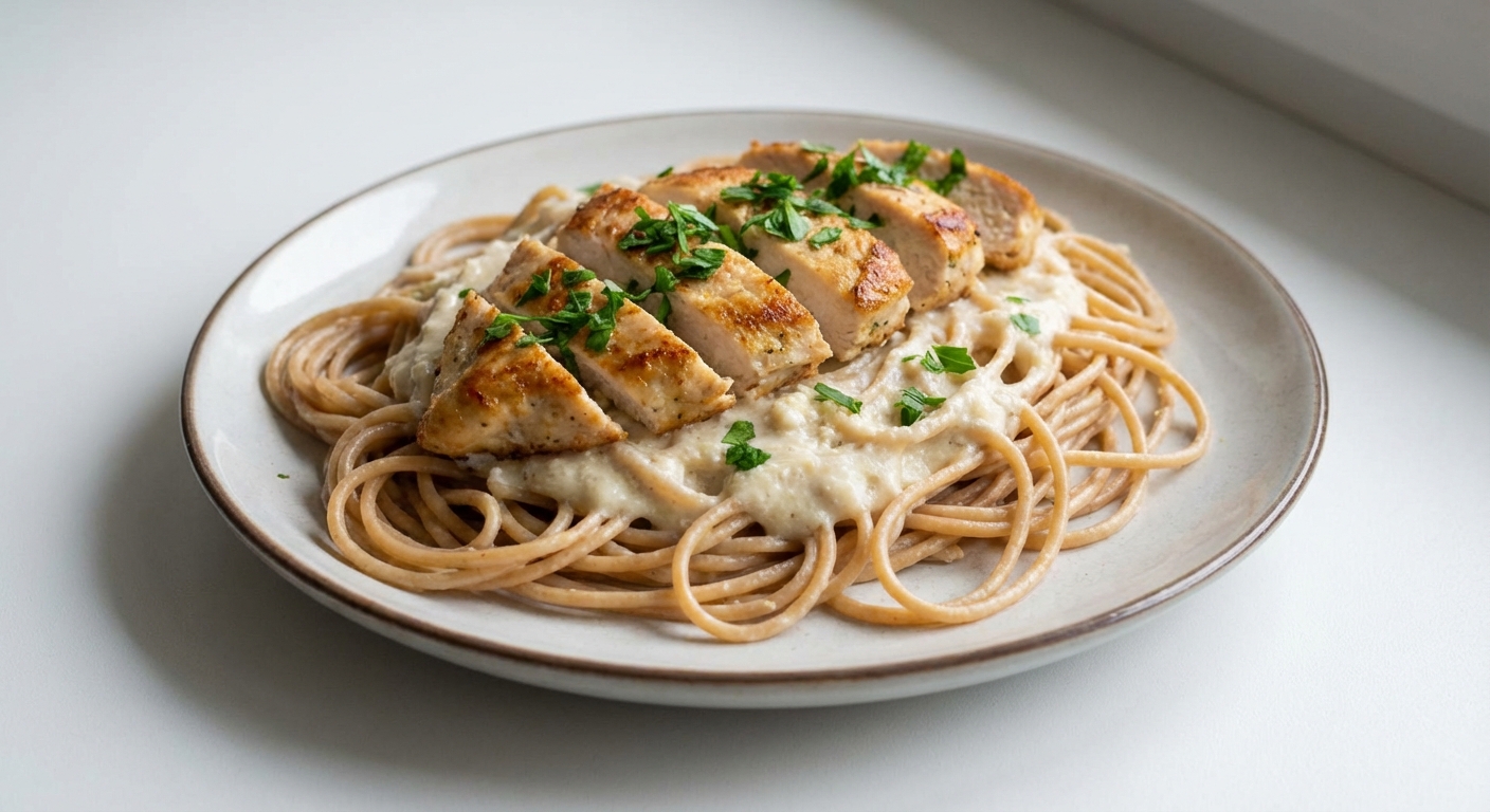Razowe Spaghetti z Kurczakiem Alfredo