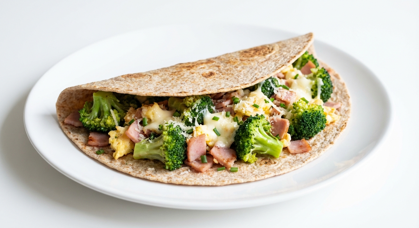 Tortilla z brokułami, jajkiem i szynką