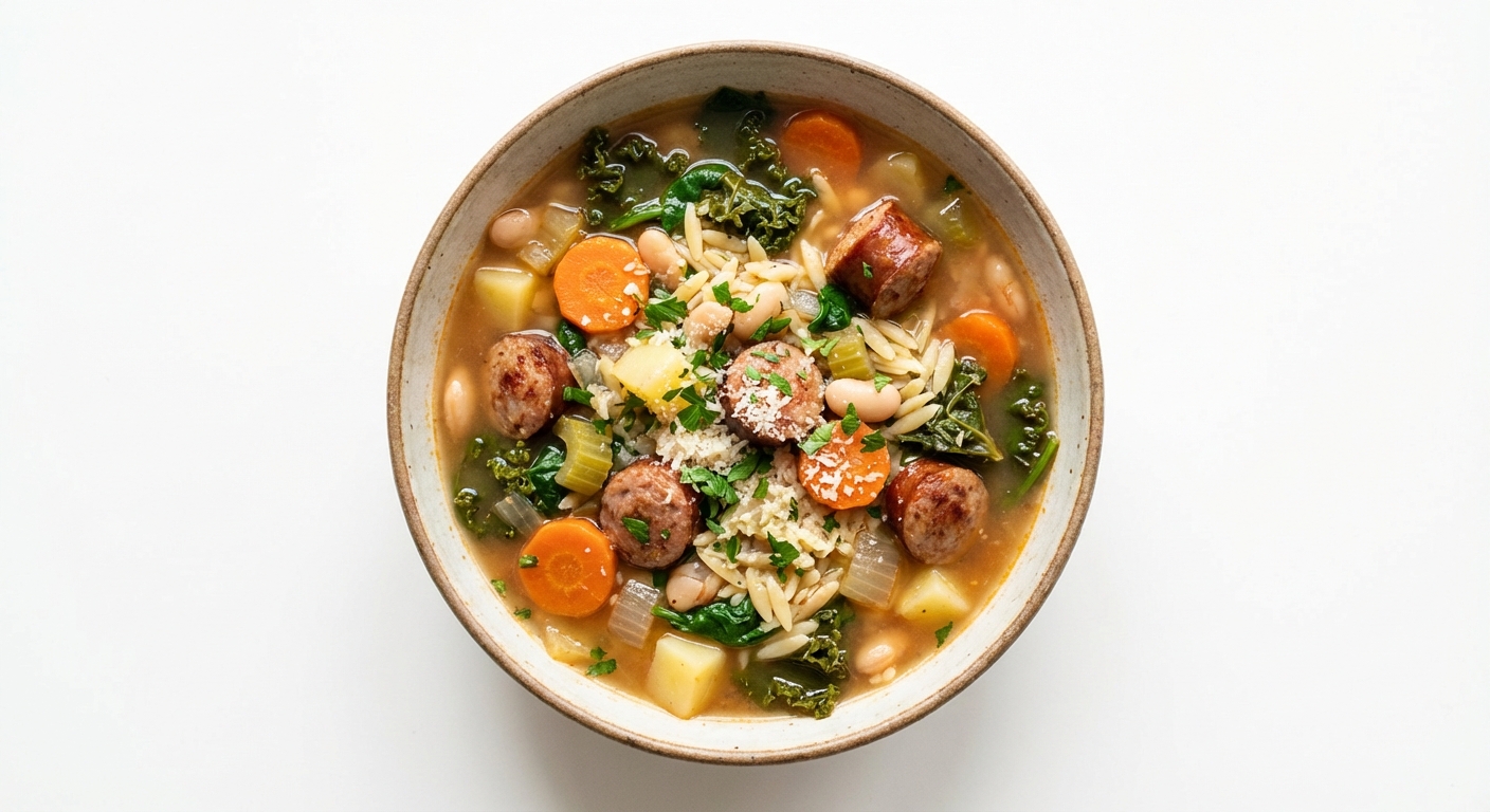 Zupa z Kiełbasą, Jarmużem i Orzo