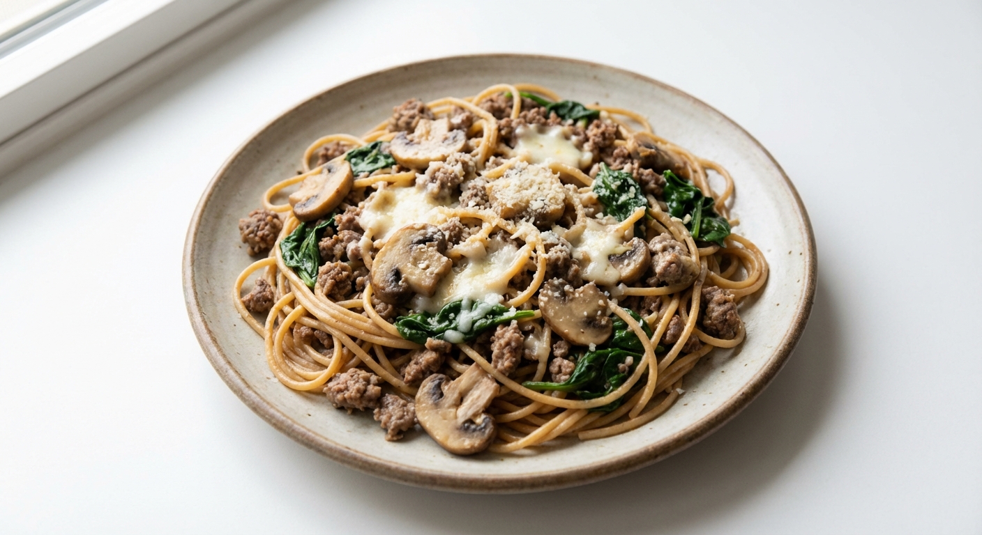 Jednogarnkowe spaghetti z wołowiną i szpinakiem