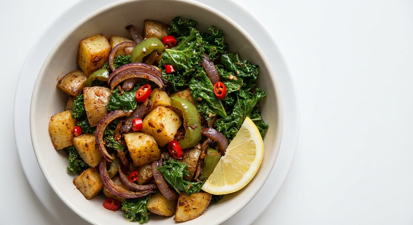 Pikantna miska z ziemniakami i jarmużem