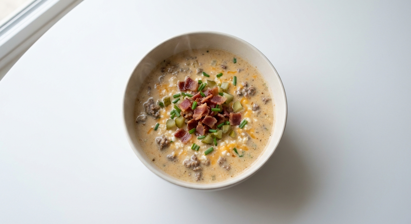 Cheeseburgerowa Zupa Keto z Twarogiem