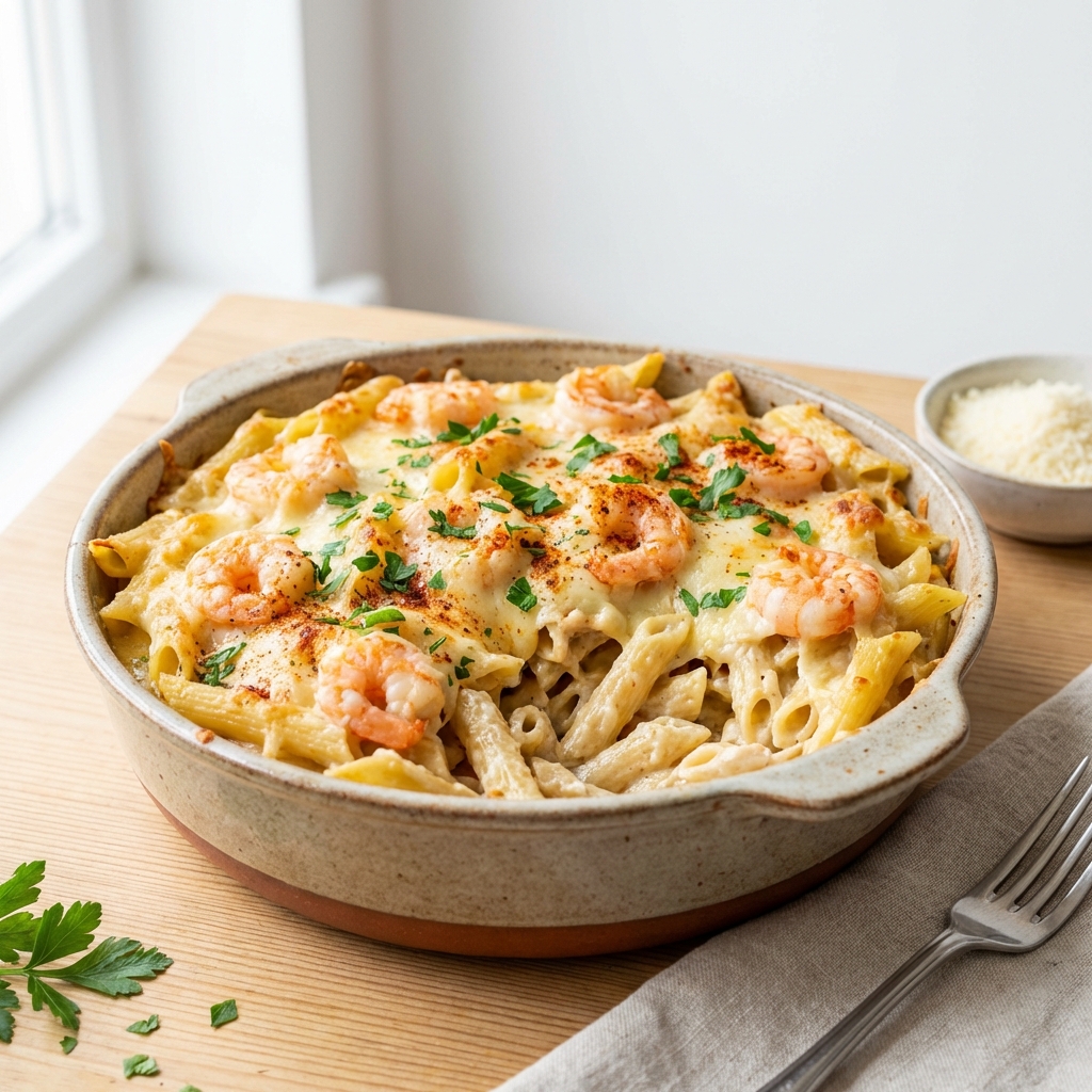 Zapiekanka Penne z Krewetkami i Parmezanem