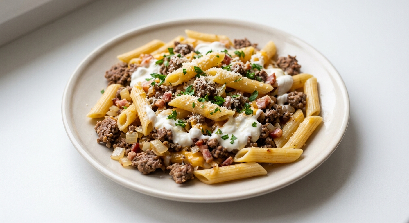 Penne z wołowiną i twarogiem