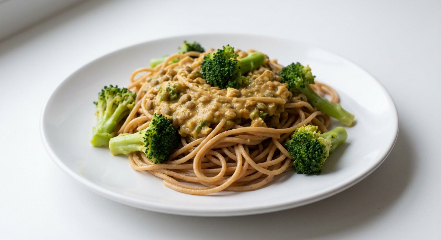Spaghetti z soczewicą, tofu i brokułem