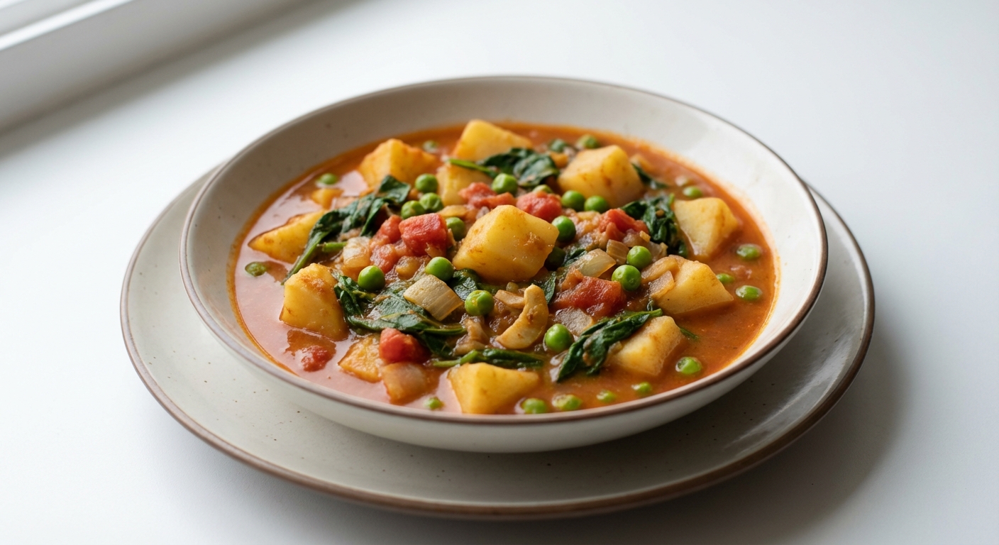 Wegańskie Curry Ziemniaczane ze Szpinakiem i Groszkiem