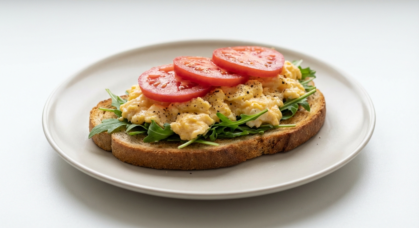 Żytni tost z jajecznicą, rukolą i pomidorem