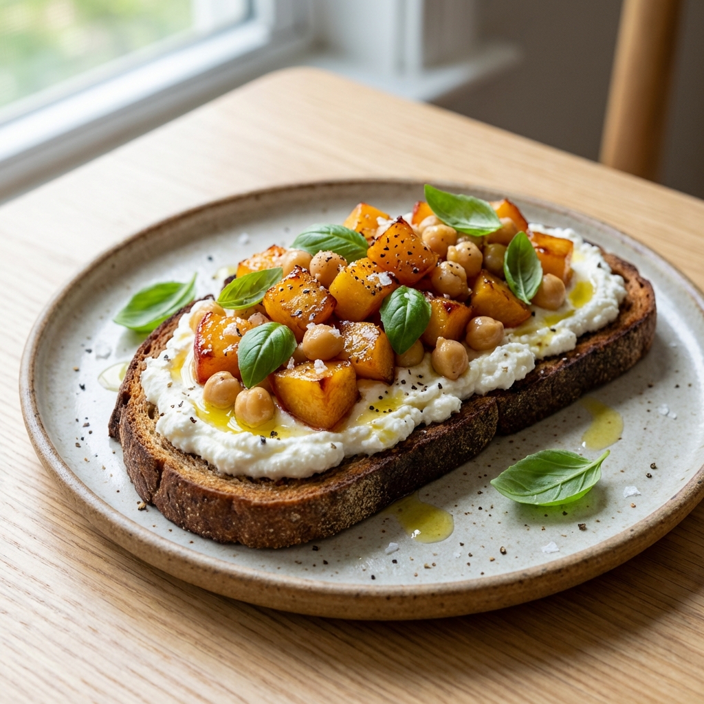 Żytni Tost z Twarogiem, Ciecierzycą i Brzoskwinią