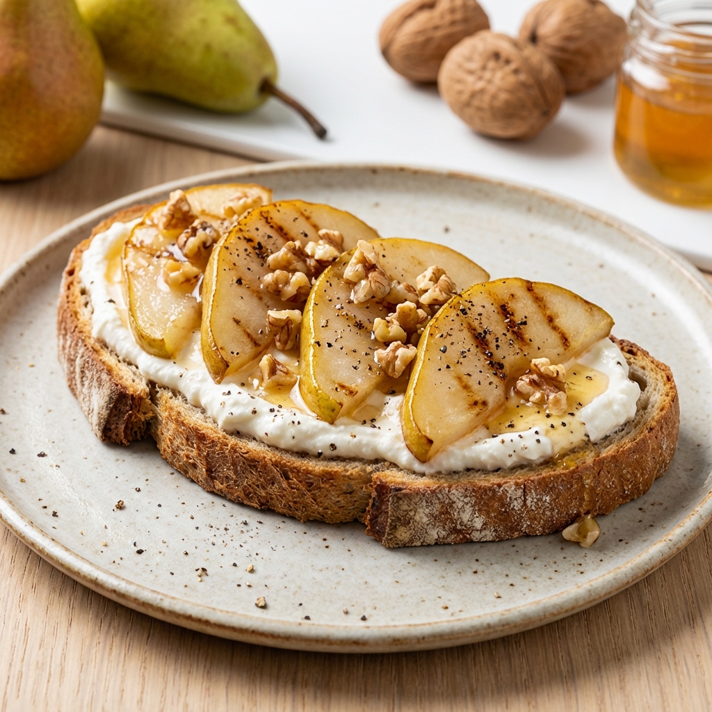 Żytnia kanapka z twarogiem, gruszką i orzechami