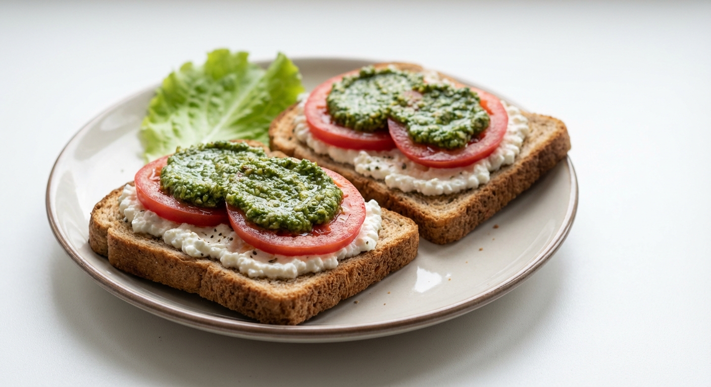 Tosty razowe z serkiem, pesto i pomidorem