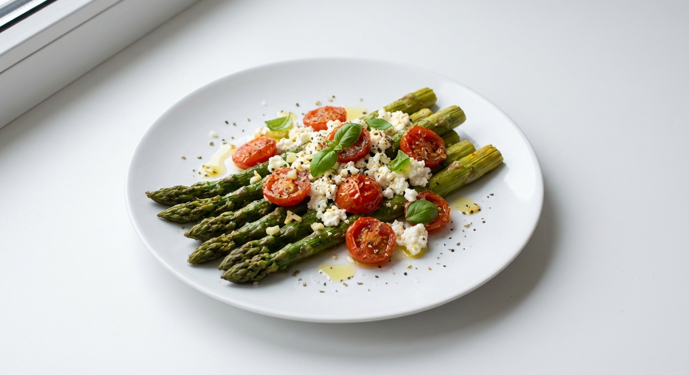 Zapiekane szparagi z twarogiem i pomidorami
