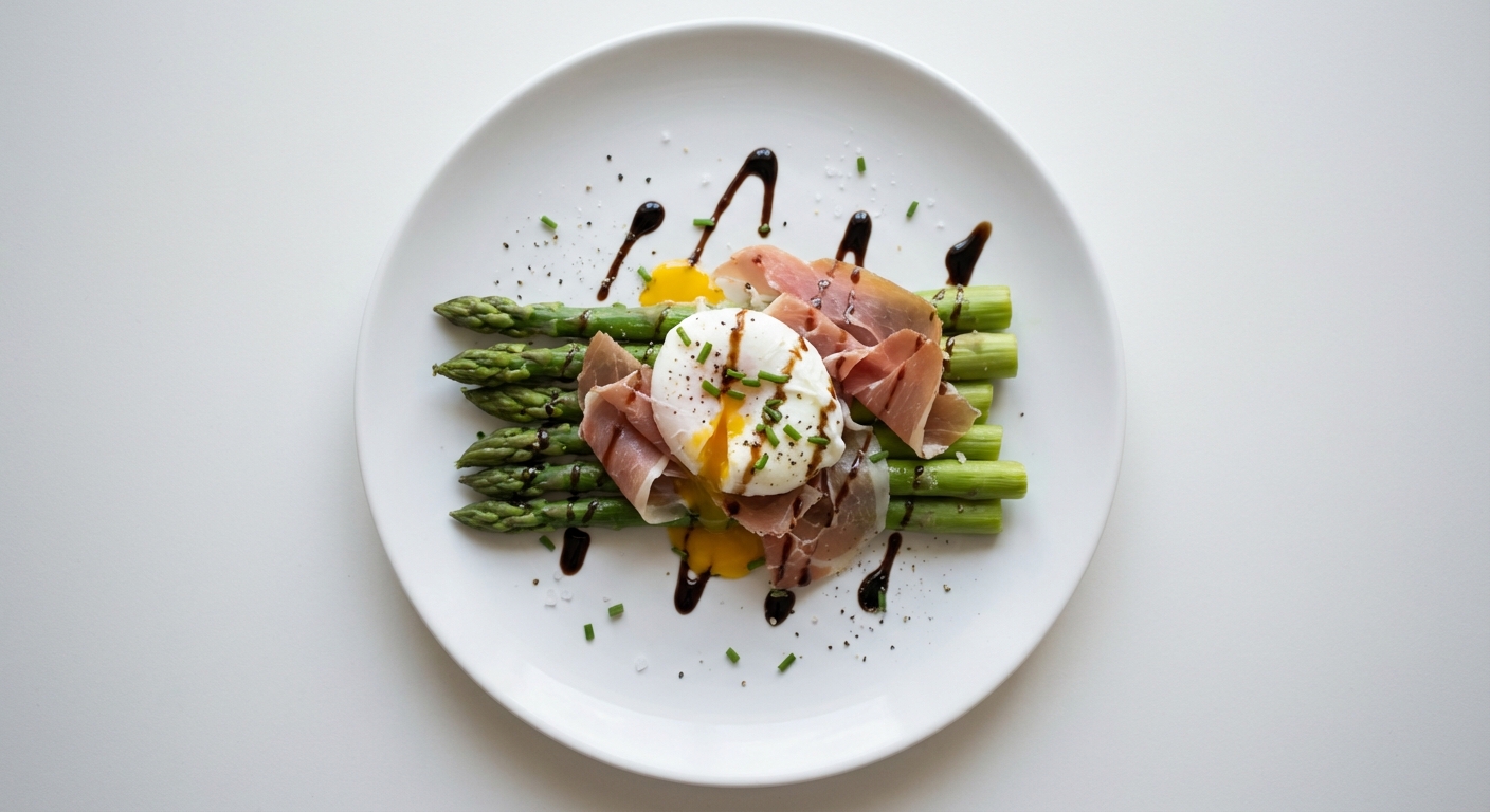 Szparagi z jajkiem, szynką i balsamicznym