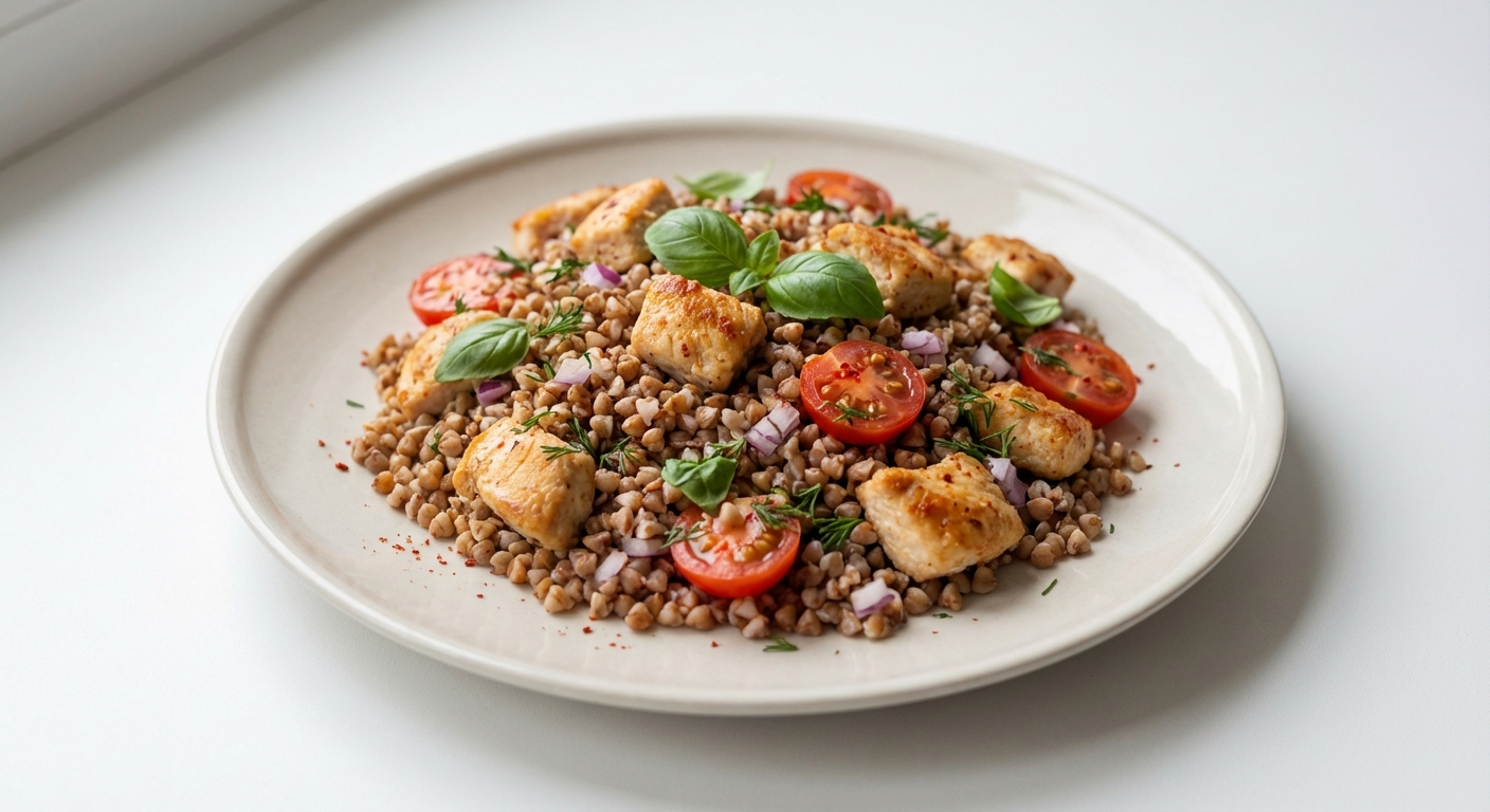 Gryczana z Kurczakiem, Pomidorami i Bazylią