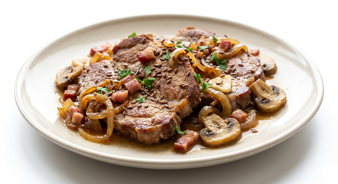 Karkówka duszona z pieczarkami i bekonem