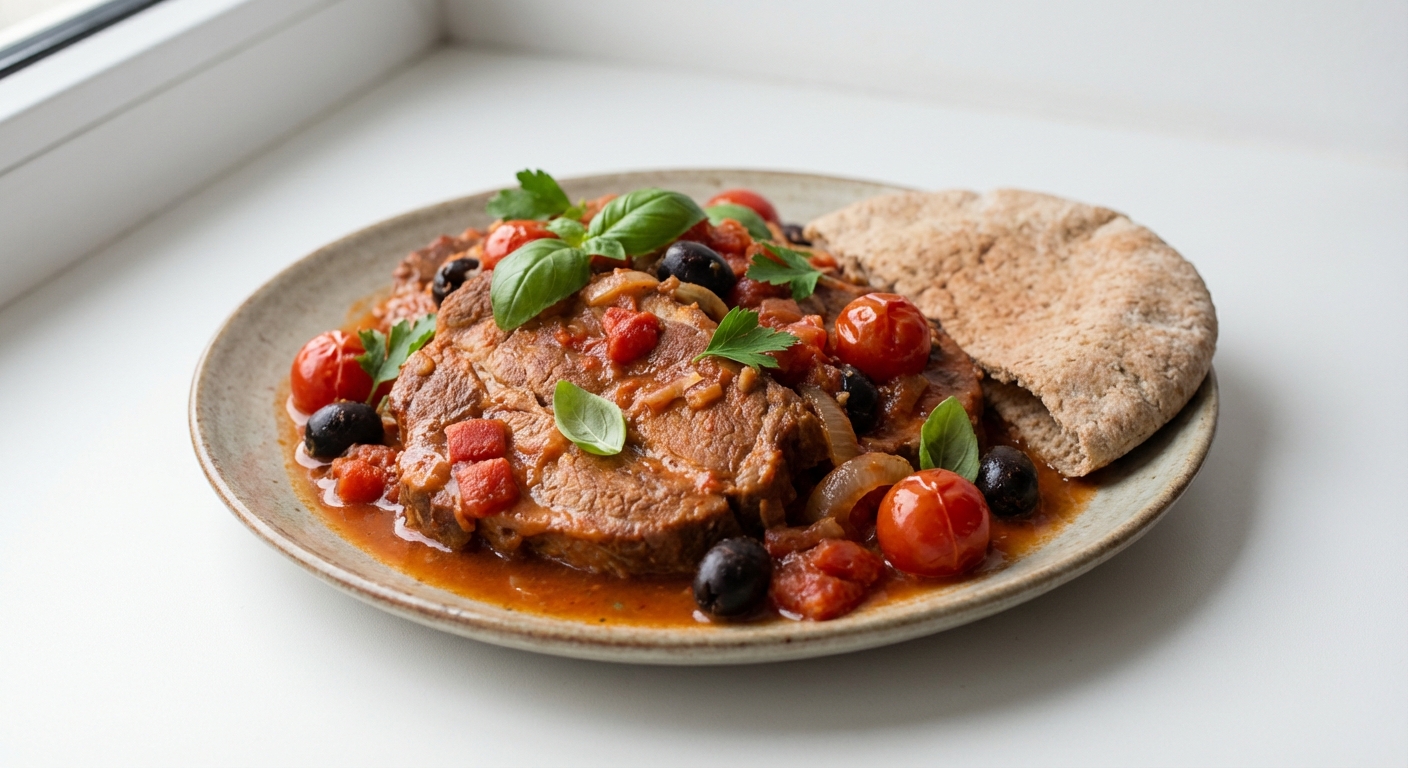 Karkówka duszona w pomidorach i oliwkach