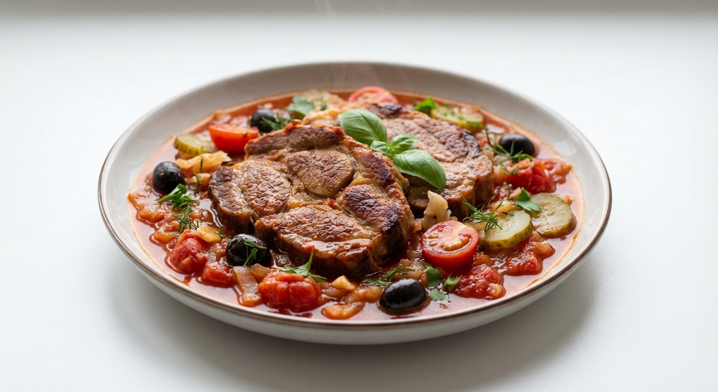 Karkówka duszona w pomidorach i oliwkach