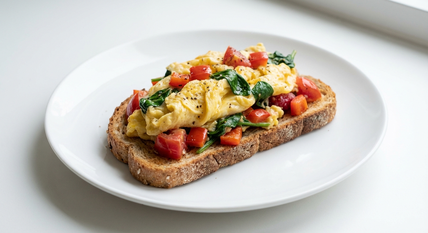 Razowy tost z jajecznicą i warzywami