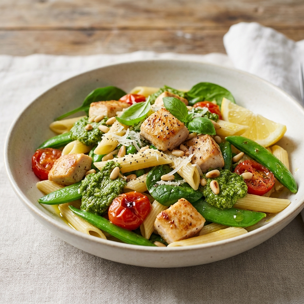 Penne z kurczakiem, groszkiem i pesto