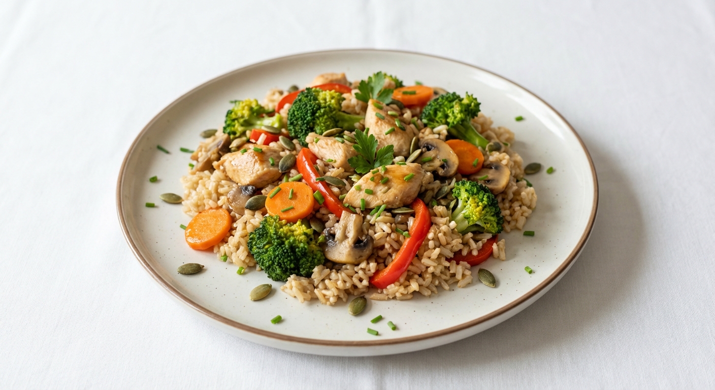 Brązowy Ryż z Kurczakiem i Warzywami