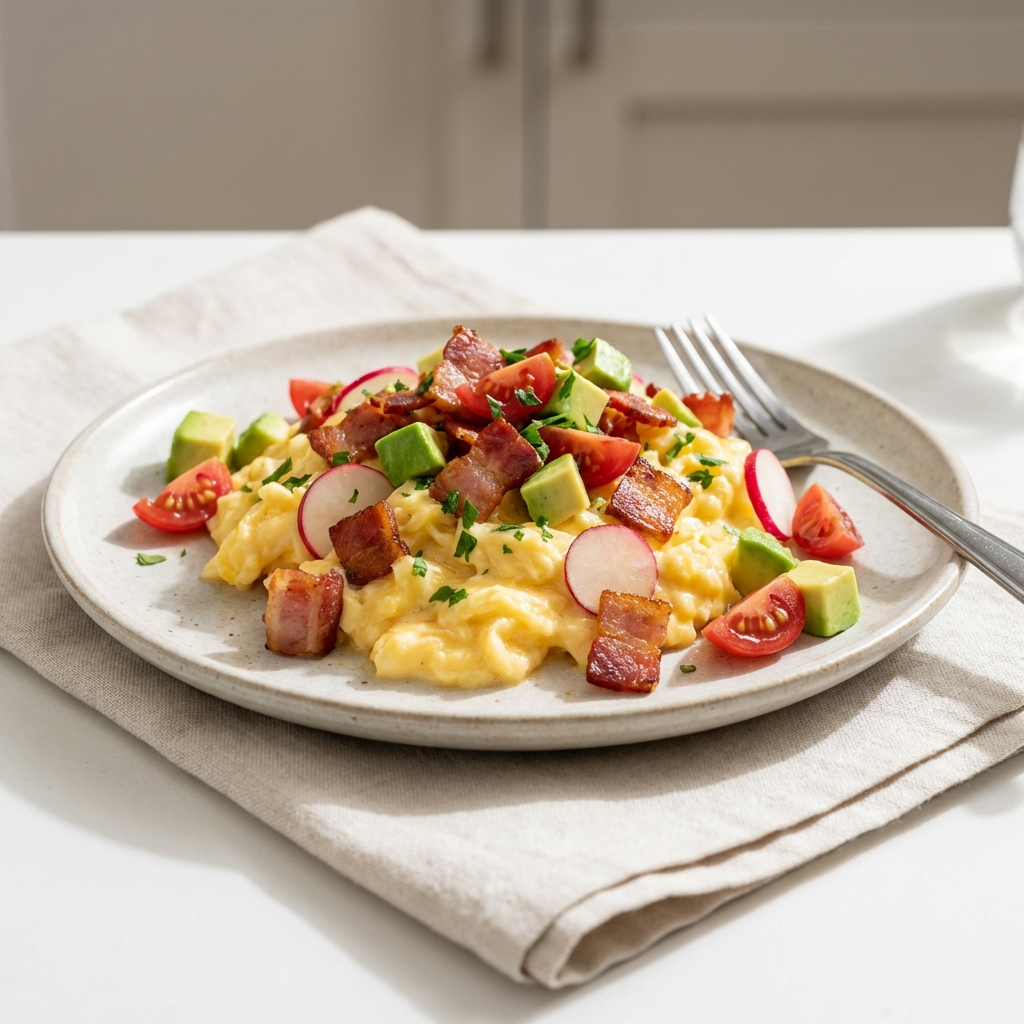 Jajecznica z Awokado, Boczkiem i Warzywami