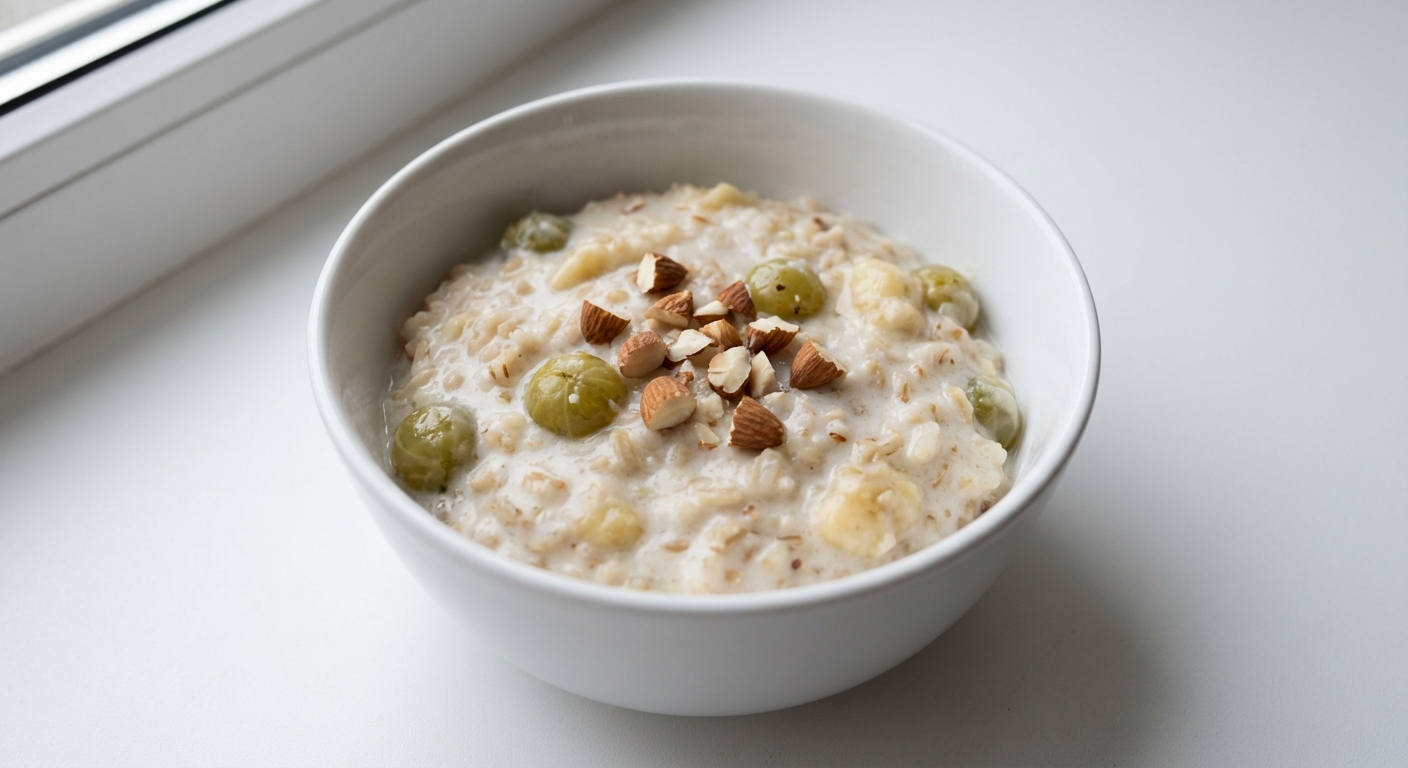 Kokosowy pudding z ryżu, banana i agrestu