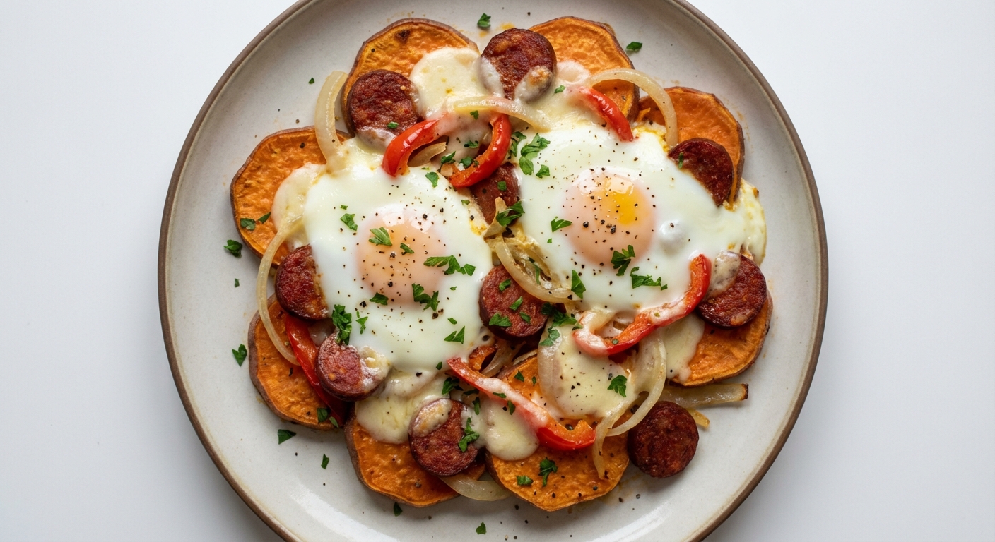 Batatowa zapiekanka z chorizo i jajkiem