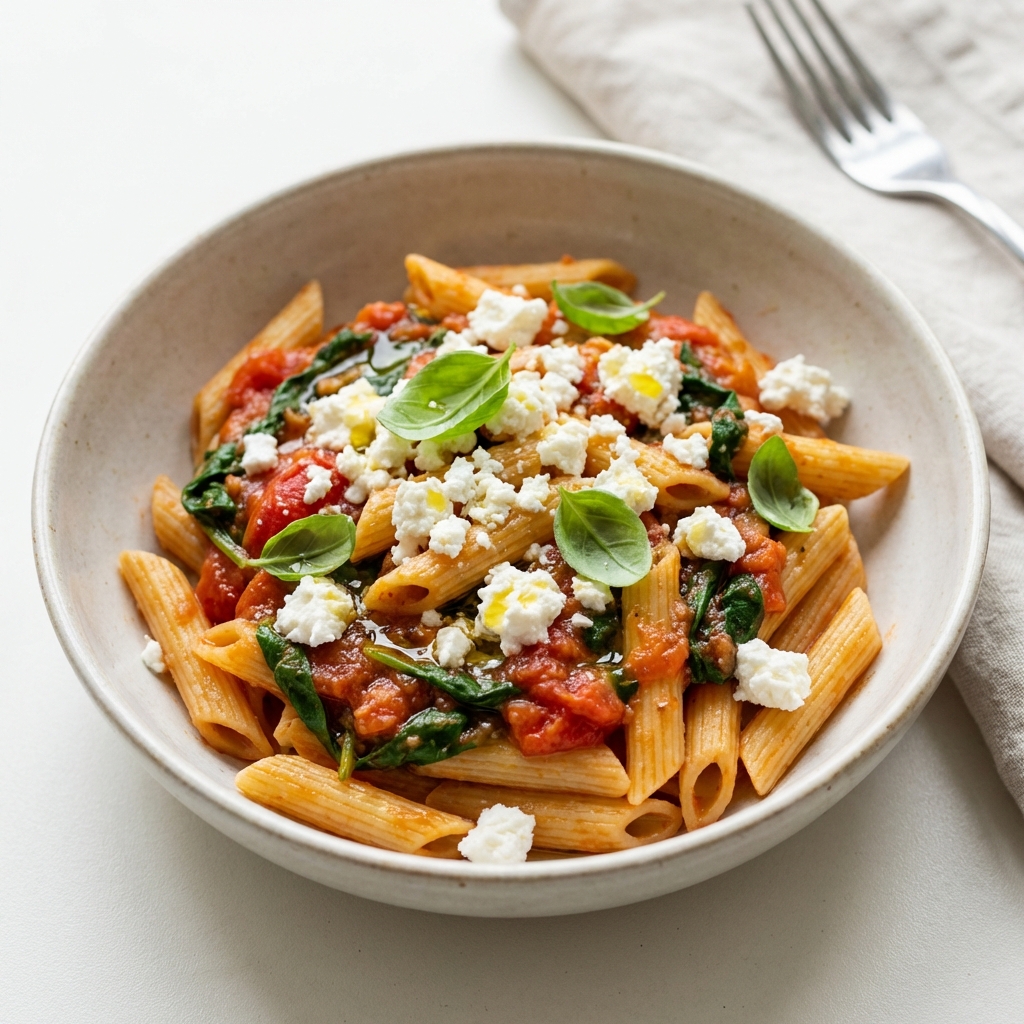 Penne z Twarogiem, Pomidorami i Szpinakiem