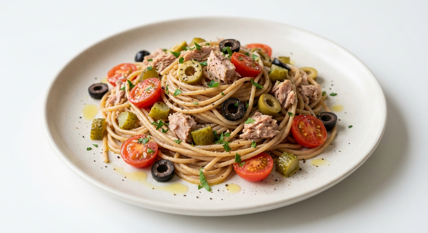 Razowy Makaron z Tuńczykiem i Oliwkami