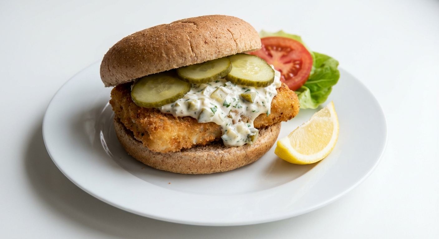 Burger z dorsza, remoulade i ogórkiem