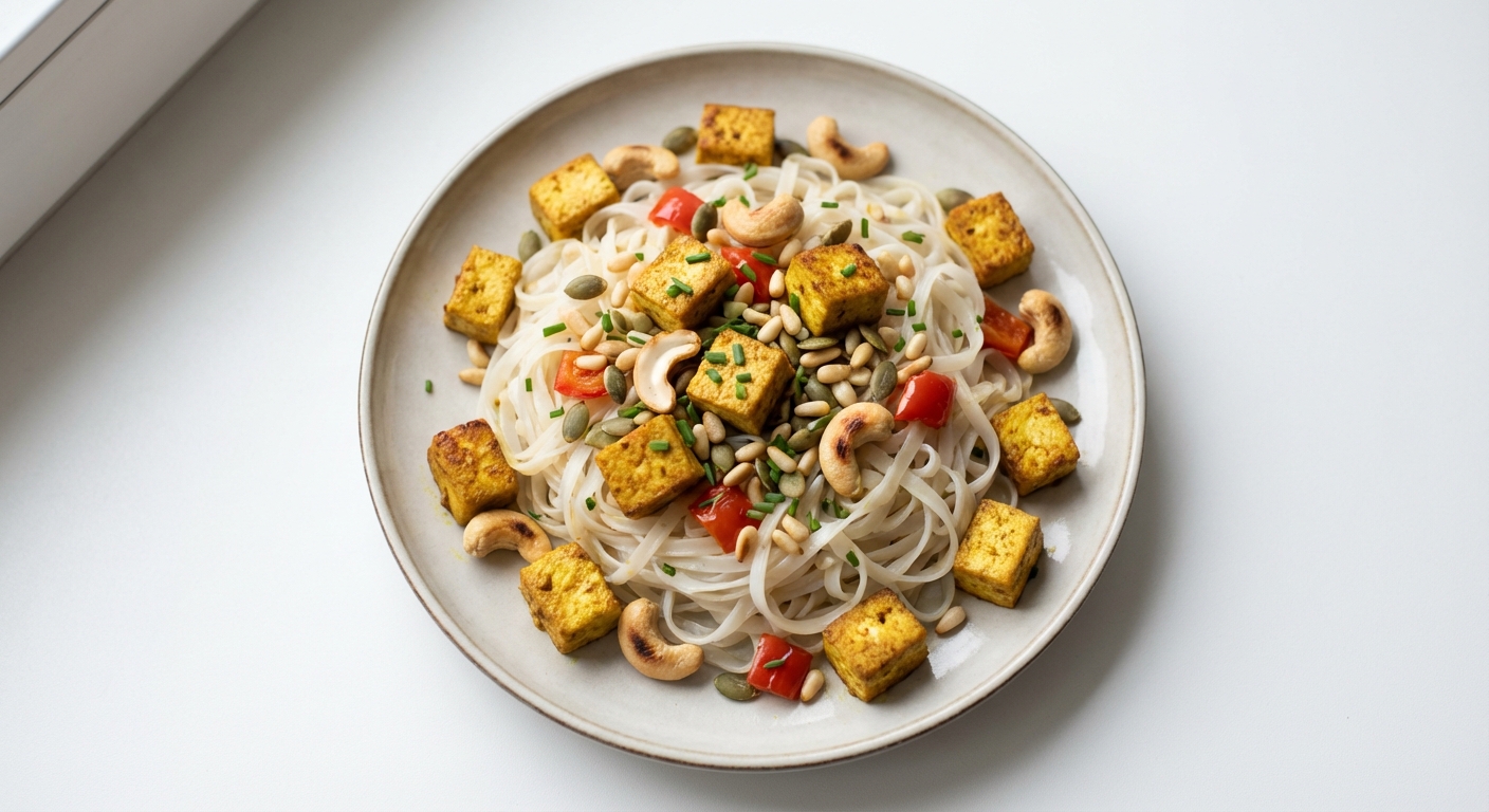 Makaron Ryżowy z Tofu i Orzechami