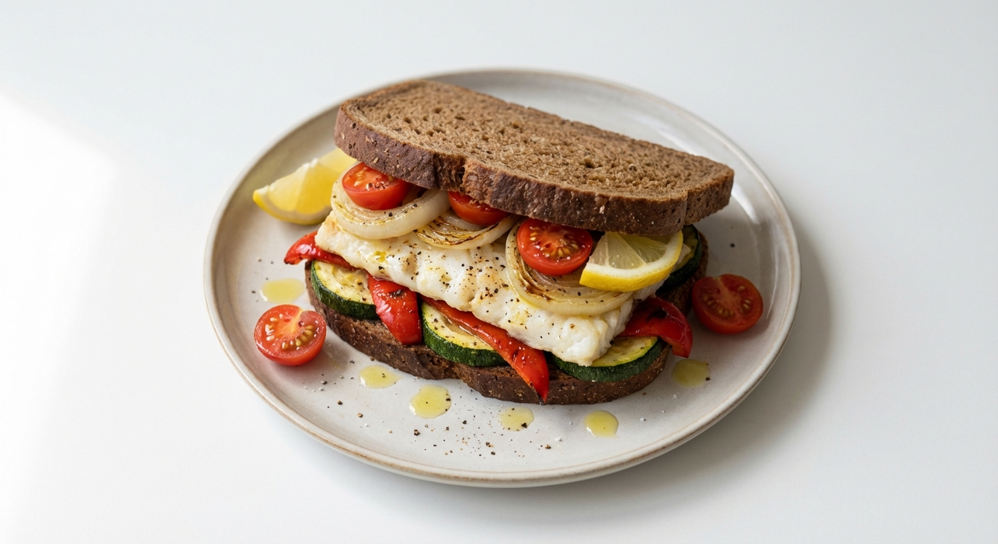 Razowa kanapka z dorszem i warzywami