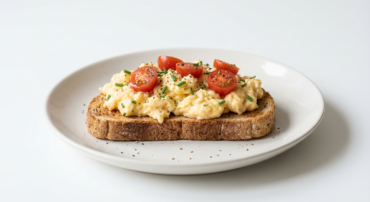 Razowa kanapka z jajecznicą i pomidorami