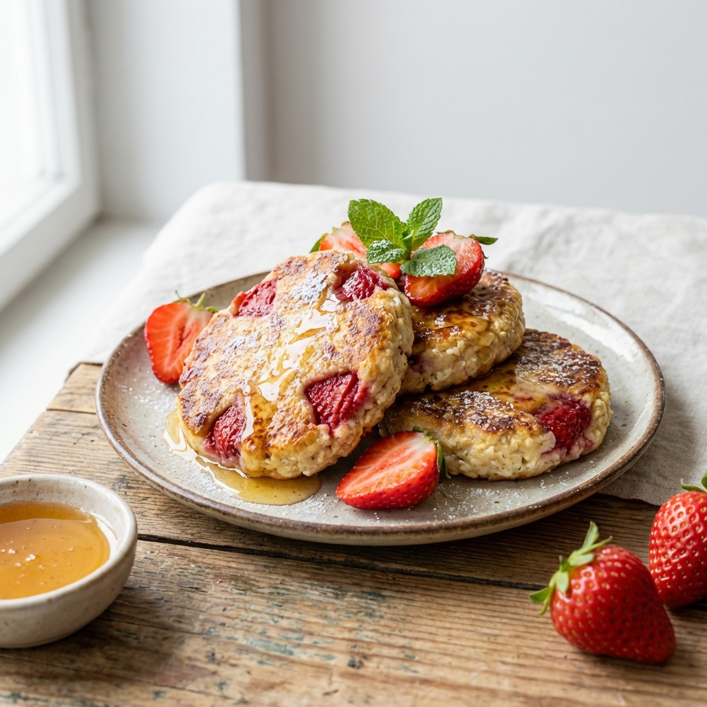 Twarożkowe placuszki z truskawkami i miodem
