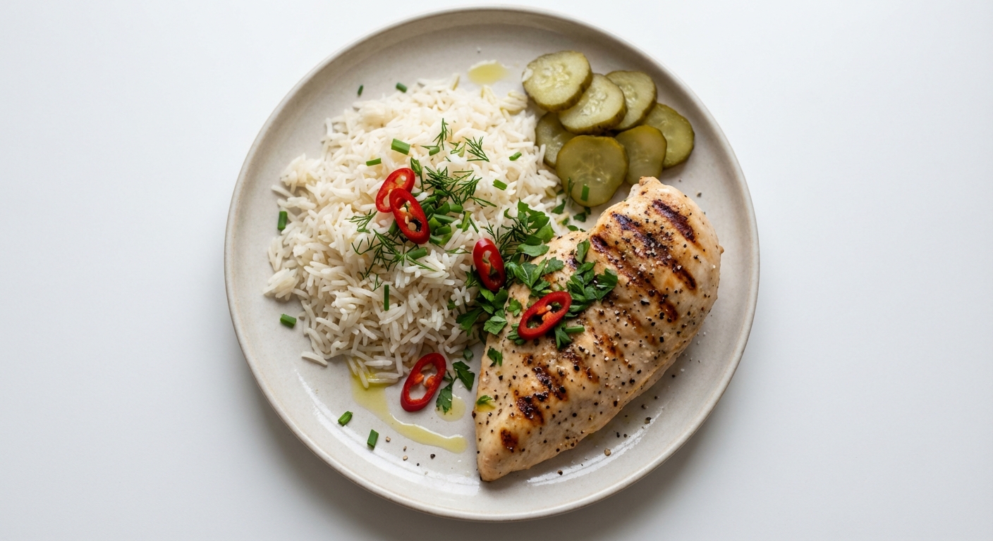 Grillowany kurczak z ryżem i ogórkiem