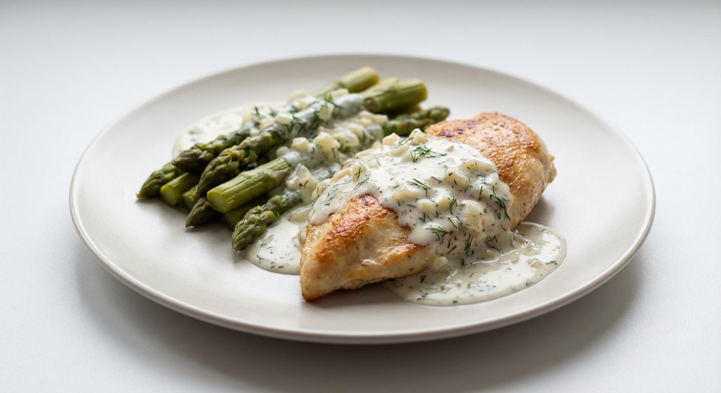 Kurczak ze szparagami w sosie koperkowym