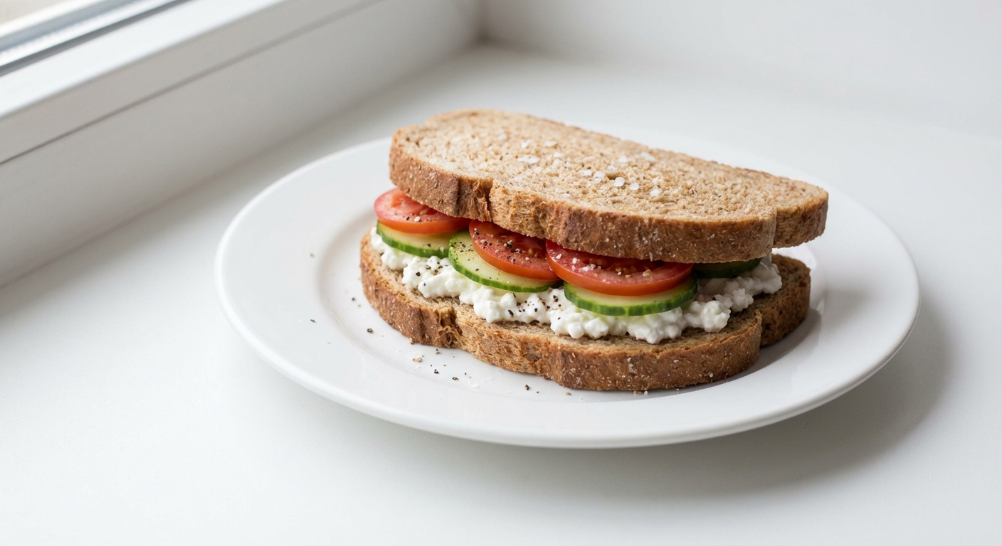 Razowa kanapka z serkiem, ogórkiem i pomidorem